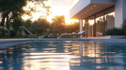 Poster - Luxurious digitally rendered house featuring a front swimming pool, set against a realistic backdrop, showcasing modern computer graphics