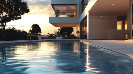Poster - Luxurious digitally rendered house featuring a front swimming pool, set against a realistic backdrop, showcasing modern computer graphics