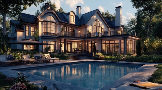 Luxurious digitally rendered house with a front swimming pool, featuring realistic background and advanced computer graphics