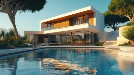 Poster - Modern house with a front-facing swimming pool, rendered digitally with high-quality computer graphics and a realistic backdrop
