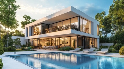 Poster - Modern house with a sleek swimming pool in front, rendered digitally with realistic computer graphics and backdrop