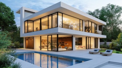 Poster - Modern house with sleek design and a swimming pool in front, rendered digitally with realistic computer graphics and background