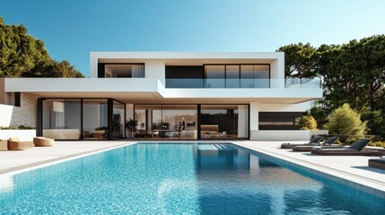 Poster - Modern house with a sleek swimming pool in front, rendered digitally with realistic computer graphics and backdrop