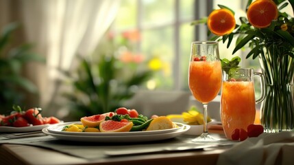 Poster - Plates of nutritious food and fresh drinks on a beautifully set table, rendered in realistic computer graphics with a lifelike background