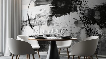 Modern Dining Room With Abstract Black And White Wall Decor