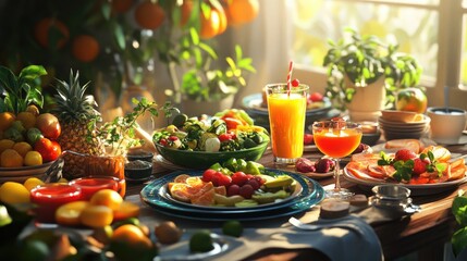 Aufkleber - plates of fresh, healthy food and drinks displayed on a table, created using computer graphics with 