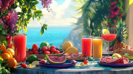 Poster - Plates of fresh, healthy food and drinks displayed on a table, created using computer graphics with a realistic background