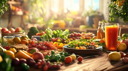 Aufkleber - plates of fresh, healthy food and drinks displayed on a table, created using computer graphics with 