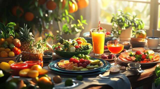 Plates of fresh, healthy food and drinks displayed on a table, created using computer graphics with a realistic background