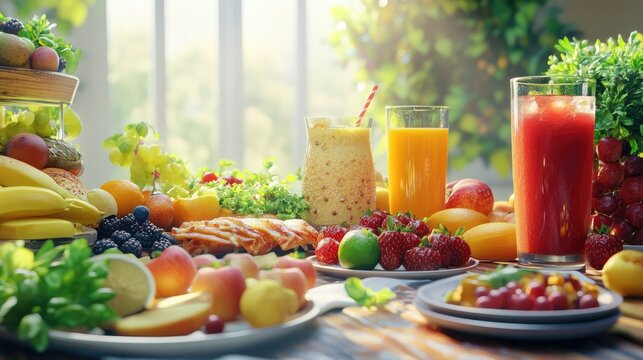 Plates of fresh, healthy food and drinks displayed on a table, created using computer graphics with a realistic background