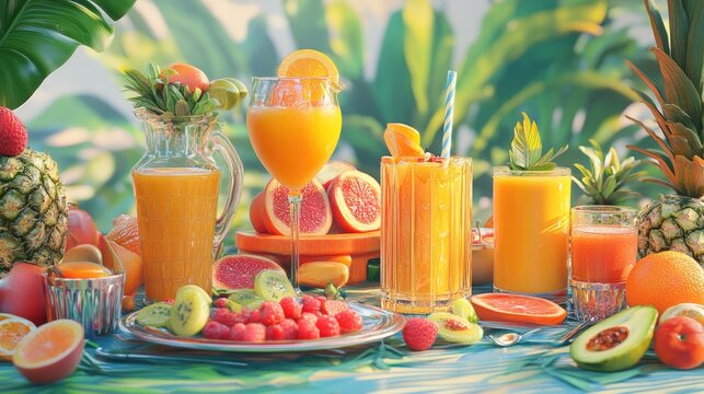 Plates of fresh, healthy food and drinks displayed on a table, created using computer graphics with a realistic background