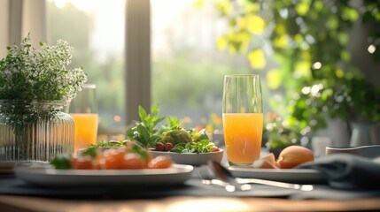 Aufkleber - plates of fresh, healthy food and drinks displayed on a table, created using computer graphics with 