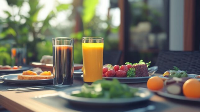Plates of fresh, healthy food and drinks displayed on a table, created using computer graphics with a realistic background
