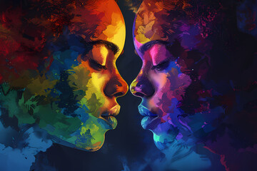 An artistic portrayal of two Black women facing each other, blending vibrant colors for a striking visual impact.