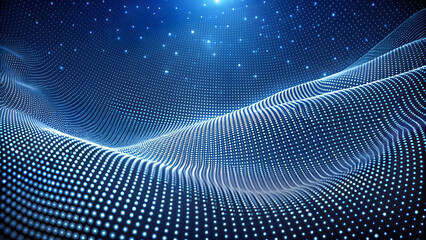 Poster - 3D Wave Landscape with Dots and Binary Code, Digital Processing and Virtual Reality. Technology background with dots and waves neural networks, AI, data transmission and encryption,
