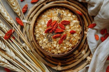 Wall Mural - Nutrient-Rich Oatmeal Bowl with Goji Berries and Seeds on Rustic Table