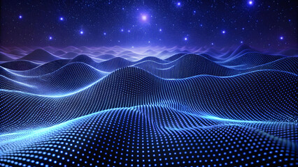 Poster - 3D Wave Landscape with Dots and Binary Code, Digital Processing and Virtual Reality. Technology background with dots and waves neural networks, AI, data transmission and encryption,