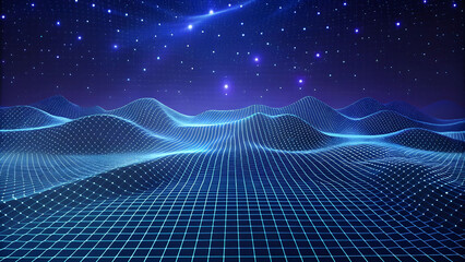 Poster - 3D Wave Landscape with Dots and Binary Code, Digital Processing and Virtual Reality. Technology background with dots and waves neural networks, AI, data transmission and encryption,