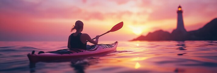 Wall Mural - A kayaker boating in shallow rocky sea with lighthouse at sunset