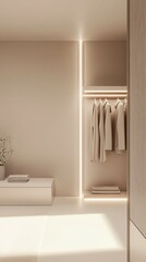 Wall Mural - Modern minimalist closet design with soft lighting in neutral tones