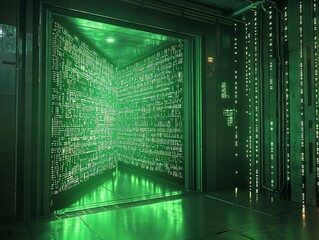 Poster - Futuristic green neon corridor with open elevator doors revealing a room with glowing walls, and a metallic floor.