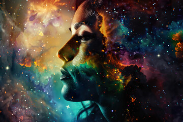 a woman's face is shown in a colorful, swirling cloud of space, generative ai image,