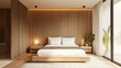 © WisChi - Modern Minimalist Bedroom Interior Design with Wooden Wall and White Bed