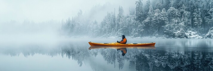 Wall Mural - A man kayaking in lake water in winter with snow