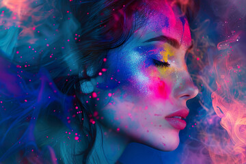 Wall Mural - A woman's face is shown in a colorful, swirling cloud of space, generative ai image,