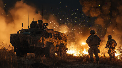 Soldiers with shielded vehicles in a confrontation during a night strike, showcasing military readiness