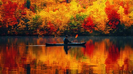 Wall Mural - A person kayaking in water with colorful Autumn foliage woods