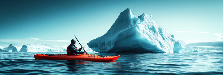 Wall Mural - A kayaker boating in sea water with iceberg.