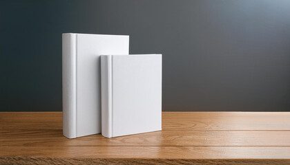 Mock-up of two blank white books with hard cover on wooden table. Empty template.