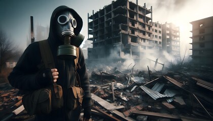 Person with gas mask in an apocalyptic setting