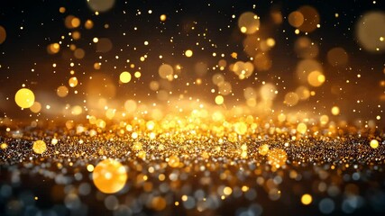 Poster - Golden bokeh lights on dark background, abstract festive shimmering scene. Celebration and magic concept