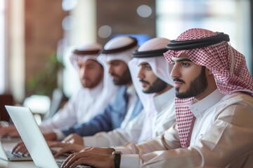 Group of Arab businessmen in traditional clothes having a meeting using laptops to work in a modern building