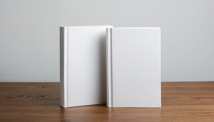 Mock-up of two blank white books with hard cover on wooden table. Empty template.