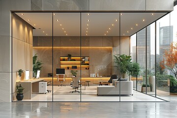 Poster - a large glass room with a modern design and a view of the city