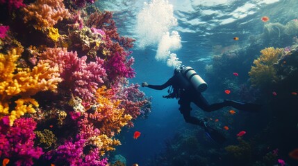 Diver with colorful beautiful coral reef with sea life fishes