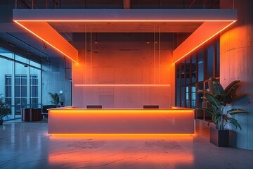 A lobby with a neon orange wall and a plant