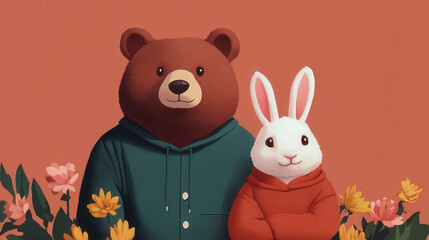 Wall Mural - Bear and bunny friends painting together, Cartoon,  Digital painting