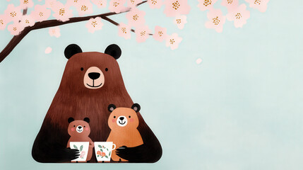 Wall Mural - Bear family picnic under a cherry blossom tree, Watercolor, Pastel colors