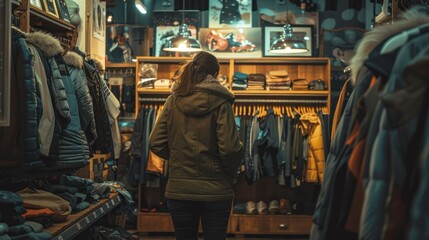 Wall Mural - Rear view of woman choosing a coat in a department store