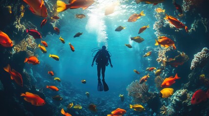 Diver with colorful beautiful coral reef with sea life fishes