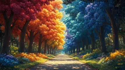 A vibrant path through colorful trees in an enchanting landscape.