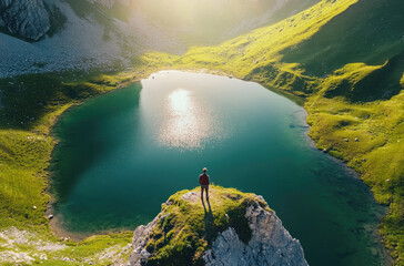 Wall Mural - A man stands on the edge of an alpine lake, with sunlight reflecting off its surface and surrounded by green meadows