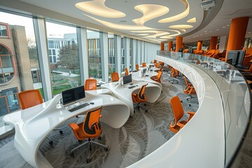 Poster - A large office space with many orange chairs and desks