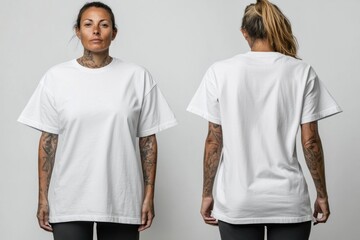 Mockup of white oversize t-shirt with front and back view on a female model, design template for print