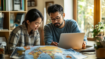 Wall Mural - Japanese couple discussing future travel plans