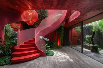 Wall Mural - A red spiral staircase leads to a room with a green plant